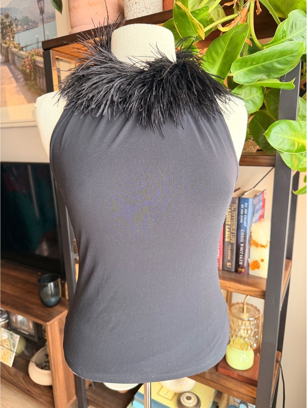 90s bebe Black Halter Top with Feather Trim, Size M Excellent Condition